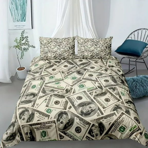 YJHDM US Dollar Patterned Bedding Set, Youth Down Duvet Cover, Pillowcase, 2/3-piece Gift Set