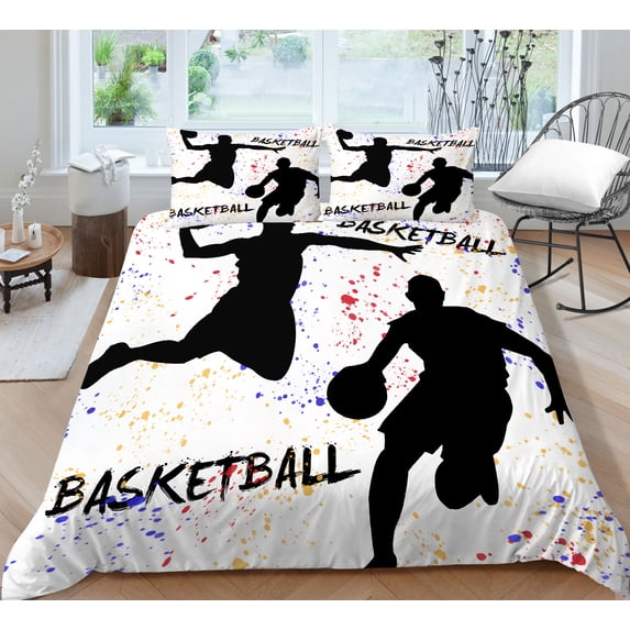 YJHDM White Bedding Set, Basketball Sports Pattern Youth Down Duvet Cover, Pillowcase Gift, 2/3 Pieces