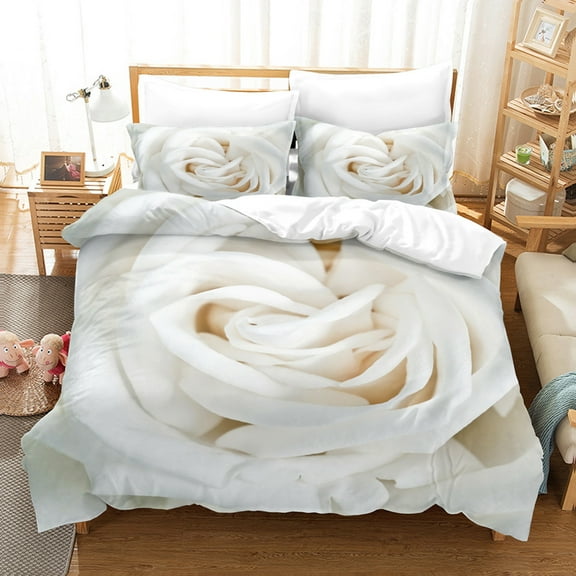 YJHDM White Rose Bedding Set 3D Romantic Love Duvet Cover Pillowcase 2/3pcs for King and Queen Bed