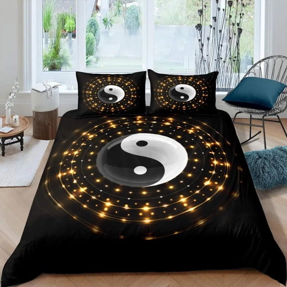 YJHDM Yin Yang Duvet Cover Boho Trippy Art Twin Comforter Cover Gossip Traditional bedding set Polyester Quilt Cover