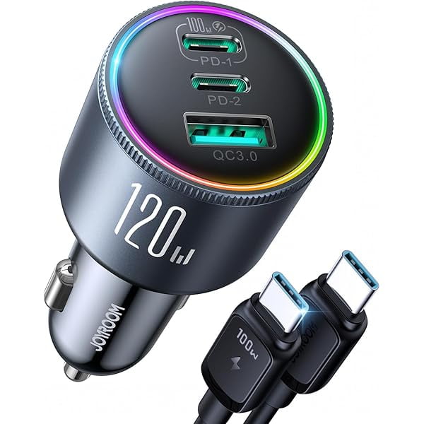 YJJSKEJI 120W Super Fast Car Charger USB C, 3-Port PD100W+PD35W Car Charger for iPhone 16 with USBC Cable, Type C Fast Charging Adapter for iPhone 16e/15 Pro Max, Samsung Galaxy S25 S24, iPad, Laptop
