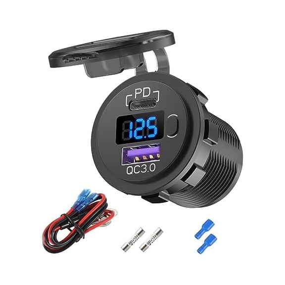 YJJSKEJI 12V USB C Car Charger Socket, 38W 12V USB Cigarette Lighter Replacement with PD 3.0 and QC 3.0 Car USB Port, Waterproof 12 Volt USB Outlet with Power Switch Voltmeter for Car Marine Truck RV