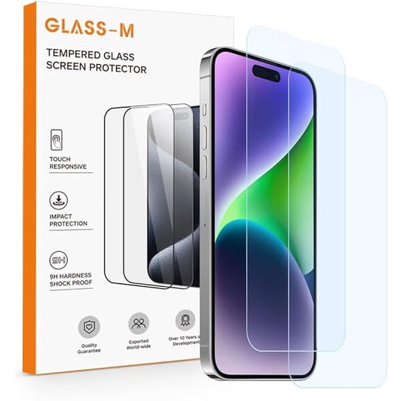 YJJSKEJI 2 Pack Anti Blue Light Screen Protector for iPhone 14 Pro (6.1"), Edge to Edge Protection, 9H Hardness Tempered Glass, Blue Light Blocking, Full Coverage Blue Light Filter Protective Film