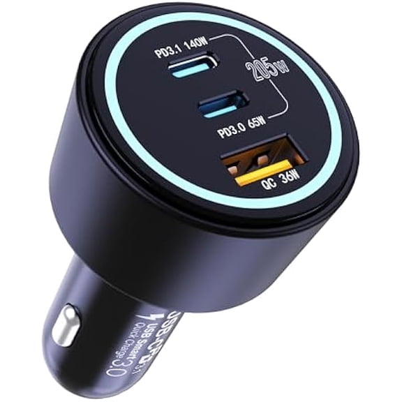 YJJSKEJI 205W USB C Car Charger, 3-Ports PD3.1 140W PPS 45W QC36W Fast Charging Cigarette Lighter Adapter for MacBook Laptop, iPhone 16 15 Pro Max, iPad, Galaxy S24 S23 Ultra, Pixel etc