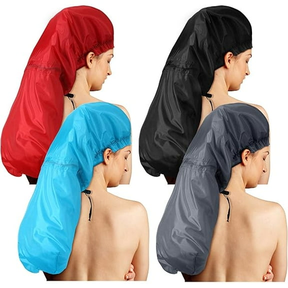 YJJSKEJI 4 Pcs Jumbo Braids Shower Cap for Women Adjustabl Long Hair Extra Large Shower Caps for Dreadlocks Foldable Waterproof Hair Bonnets Plastic Oversize Bath Hats(Red, Blue, Black, Gray)