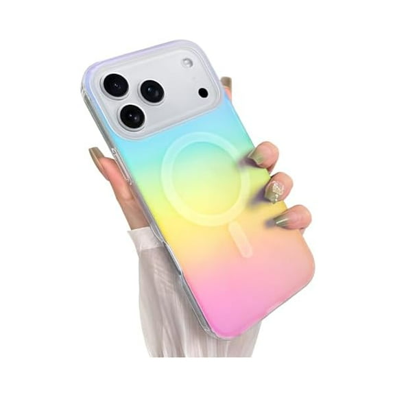 YJJSKEJI Aesthetic Case for iPhone 17 Pro Case for Women Girls [Compatible with Magsafe] Cute Girly Trendy Glitter Sparkly Rainbow Magnetic Protective Phone Cover, Matte Iridescent Red & Yellow