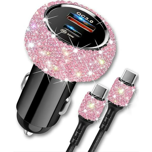 YJJSKEJI Bling USB C Car Charger, 48W PD QC Dual Port Fast Adapter with 3.2FT USB Type-C Charging Cable Compatible with iPhone 16 15 Pro Max iPad Samsung Galaxy Android(Pink)