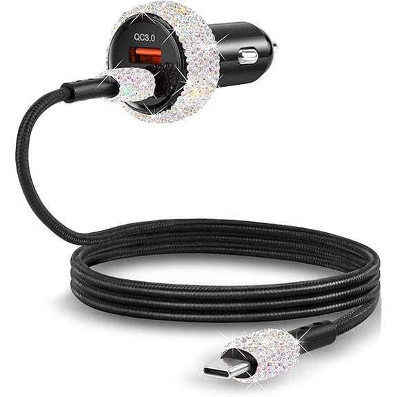 YJJSKEJI Bling USB C Car Charger, 48W USB Cigarette Lighter Dual Port Fast Charging Adapter with 3.9FT Type C Cable Compatible for iPhone 16 15 Pro Max iPad Android(Multicolor)