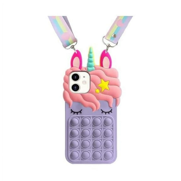 YJJSKKEJI Compatible with iPhone 12, Purple Unicorn for iPhone 12 Pro, Cartoon Cute Soft Silicone Rubber Character Cover, Animated Stylish Skin Shell case with Strap for Kids Child Teens Girls