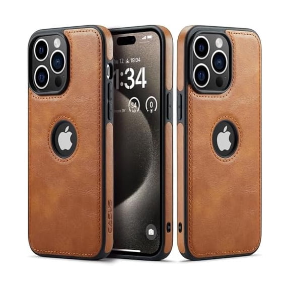 YJJSKEJI Casus Designed for iPhone 15 Pro Case Vegan Leather Slim Logo View Classic Luxury Elegant Thin Protective Cover (2023) 6.1" (Brown)