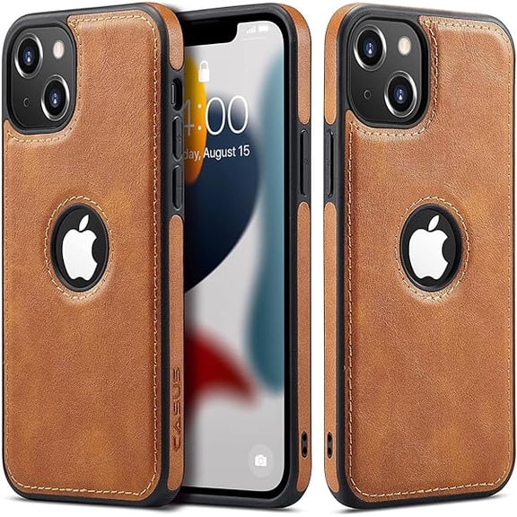 YJJSKEJI Casus Logo View Compatible with iPhone 13 Case Slim Premium Vegan Leather Classic Luxury Elegant Thin Cover (2021) 6.1" (Brown)