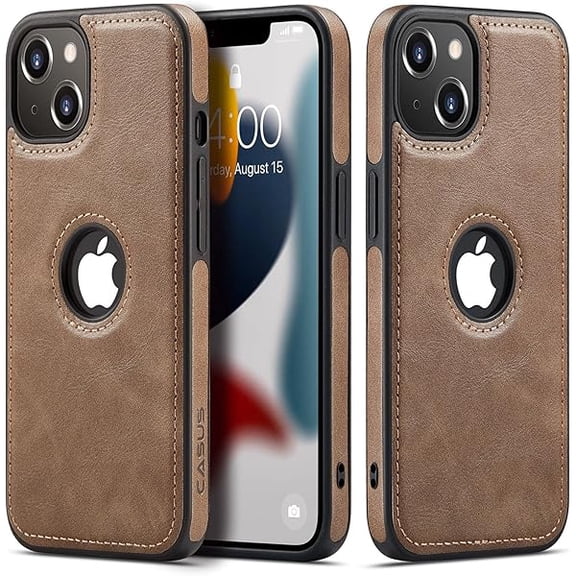 YJJSKEJI Casus Logo View Compatible with iPhone 13 Case Slim Premium Vegan Leather Classic Luxury Elegant Thin Cover (2021) 6.1" (Dark Brown)