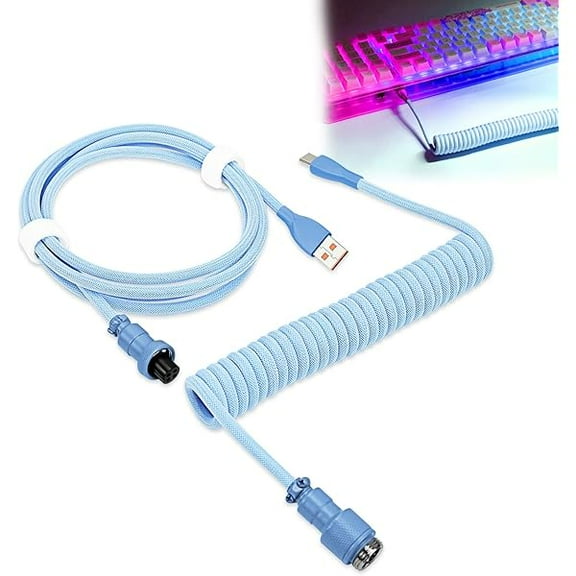 YJJSKEJI Coiled Keyboard Cable, Pro Custom Coiled USB C Cable for Gaming Keyboard, Double-Sleeved Mechanical Keyboard Cable with Detachable Metal Aviator, 1.8M USB-C to USB-A (Blue)