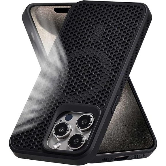 YJJSKKEJI Ventilated Cellular Phone Case for iPhone 15 Pro Max, Soft Edge Hard PC Back, Slim Cooling Case Cover for Mobile Gaming, Video Recording, Black