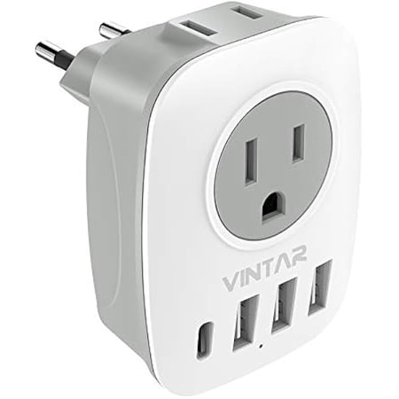 YJJSKEJI European Travel Plug Adapter, International Power Plug Adapter with 1 USB C, 2 US Outlets and 3 USB Ports, 6 in 1 Travel Essentials to Most of Europe Greece, Italy(Type C)