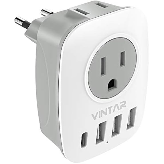 YJJSKEJI European Travel Plug Adapter, International Power Plug Adapter with 1 USB C, 2 US Outlets and 3 USB Ports, 6 in 1 Travel Essentials to Most of Europe Greece, Italy(Type C)