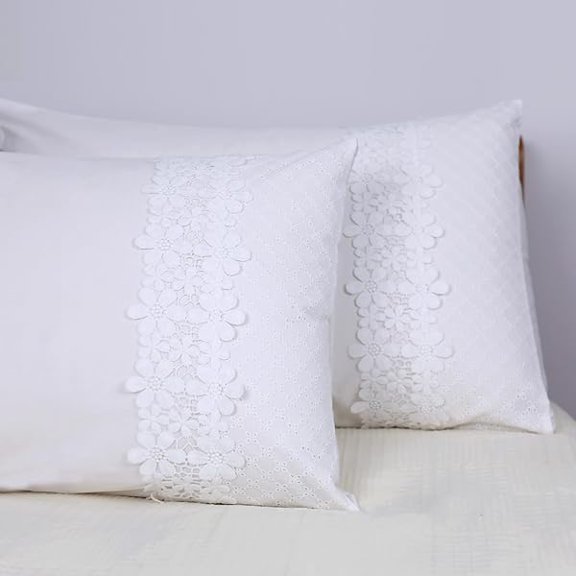YJJSKEJI Eyelet Pillow Shams White Flower King Lace Shabby Chic Pillowcases French Country Elegant Cotton Embroidered Crochet Floral Victorian Cottage 20x36