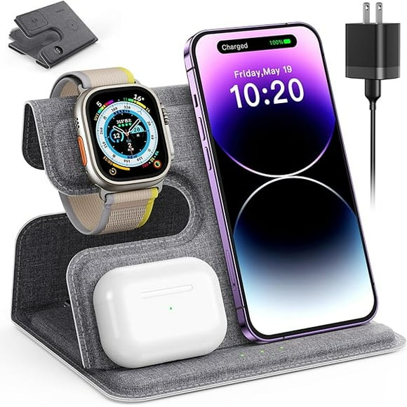 YJJSKEJI Fabric Travel 3 in 1 Charging Station for Apple Charging Station for Multiple Devices for Apple Watch Charger, Wireless Charger for iPhone 16 15 14 13 12 11 X 8, for AirPods Foldable