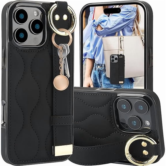 YJJSKEJI Finger Loop Ring Wrist Band Case for iPhone 16 Pro with Keychain, Adjustable Wristband Holder Kickstand [Stand Function] PU Leather Cover Case for Apple iPhone 16 Pro ZHD-Black