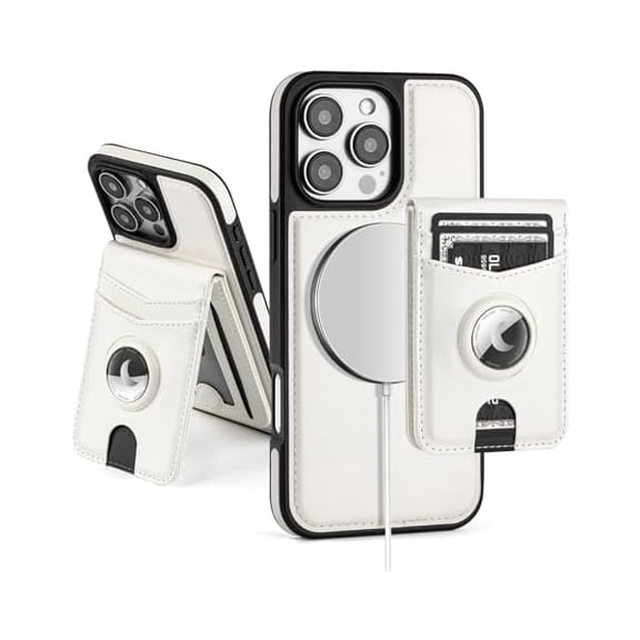 YJJSKEJI Compatible with MagSafe iPhone 16 Pro Max Case Wallet with AirTag Holder,2 in 1 PU Leather Magnetic Detachable RFID Blocking Credit Card Holder Flip Cover Kickstand for Men Women,White