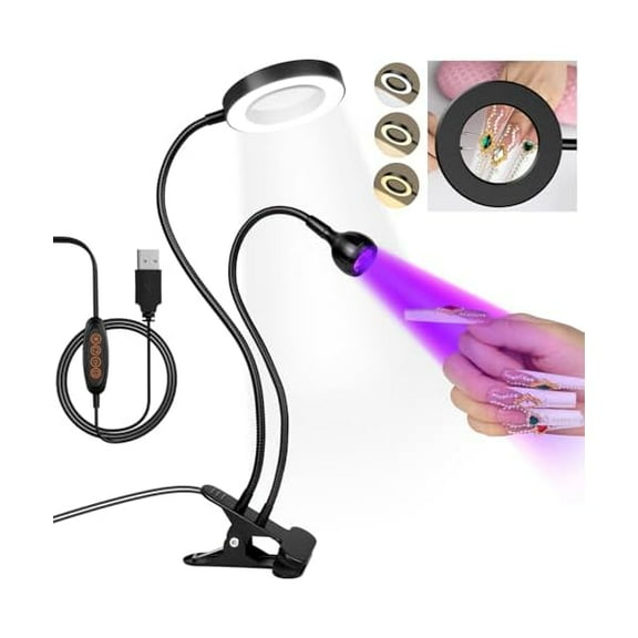 YJJSKEJI LED UV Nail Lamp: Double-Headed Gooseneck U V Lamp for Gel Nails, LED Flash Cure Light with 6X Magnifier Home DIY Salon, Black