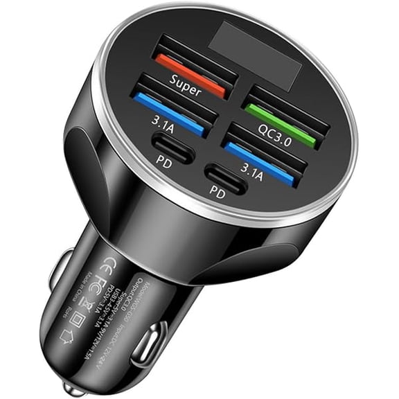 YJJSKEJI MESA'S Live 6 - Port Car Charger with PD, QC 3.0 - Super Fast Charge USB C Car Phone Charger Adapter for All Devices, Universal for 12-24V Vehicles