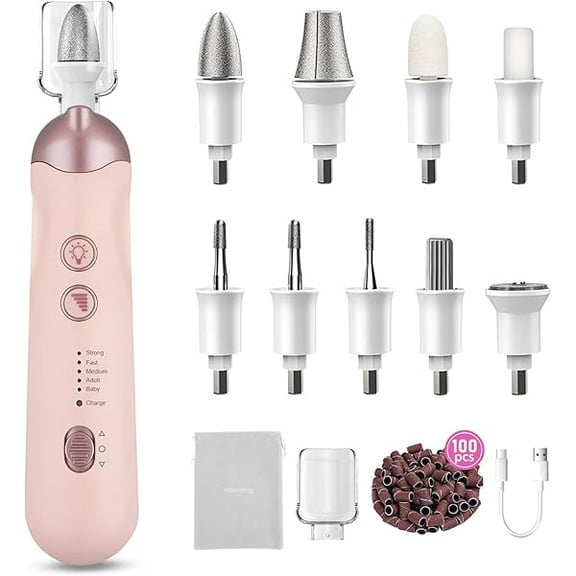 YJJSKEJI Professional Manicure Pedicure Kit, 9 in 1 Cordless Electric Nail Drill with 100 pcs Nail Drill Bits Sanding Bands, Nail Grinder for Human, 5 Speeds, Nail Dremel Kit for Home and Salon Use