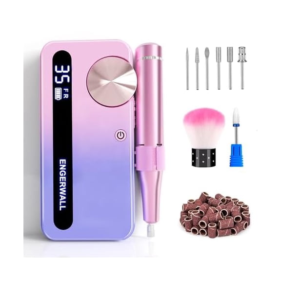 YJJSKEJI Rechargeable Nail Drill 35,000 RPM, Portable Cordless Electric Nail File for Acrylic, Gel Nails, Polishing & Removal, with Nail Drill Bits Kit for Manicure & Pedicure, Pink-Blue