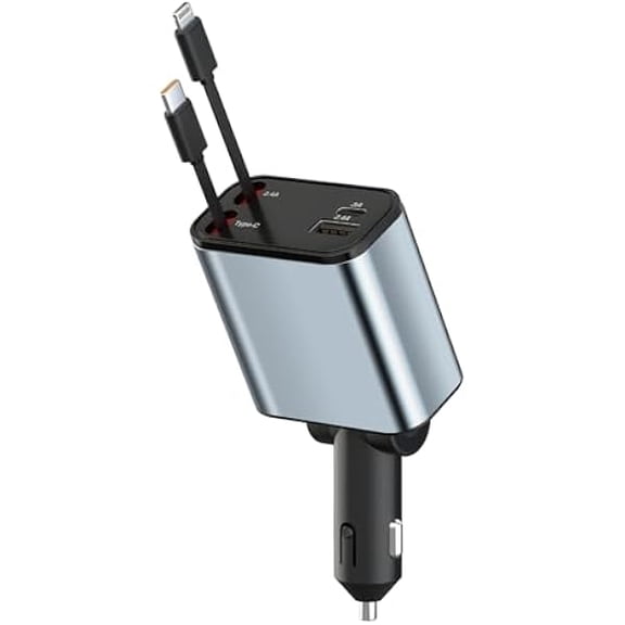 YJJSKEJI Retractable Car Charger, 4 in 1 Fast Charging 66W, Rotary Adapter with 2 Cables+2 Ports USB C Charger for Apple iPhone 15 Pro/Samsung/Android/Pixel