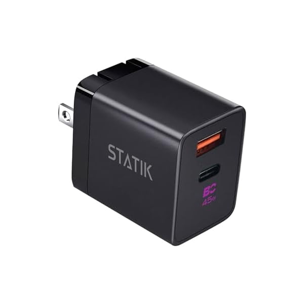 YJJSKEJI STATIK Fast-Charging GaN Power Adapter - 48W Dual USB C & USB - Foldable Compact Charger for iPhone, iPad, Samsung, Pixel - Smart Overheat Protection - Cable Not Included