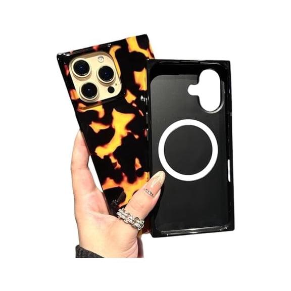 YJJSKEJI Strong Magnetic for iPhone 16 Pro Case Compatible with Magsafe - Rectangular Tortoise Shell Flame Amber Print - Shockproof Protective Glossy Phone Cover for iPhone 16 Pro 6.3-Inch