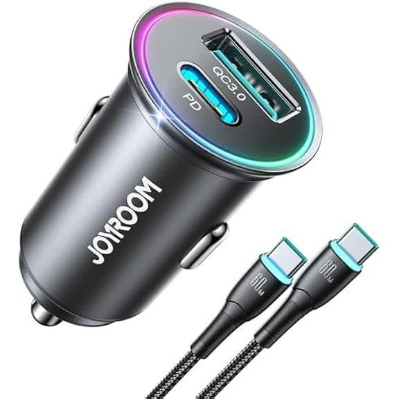 YJJSKEJI USB C Car Charger 60W PD&QC3.0 Super Fast Car Charger Adapter Dual Port Car Phone Charger with 3.3ft 60W USB C Cable Fast Charging for iPhone 15 Pro Max Plus Samsung Galaxy S23 iPad Pro