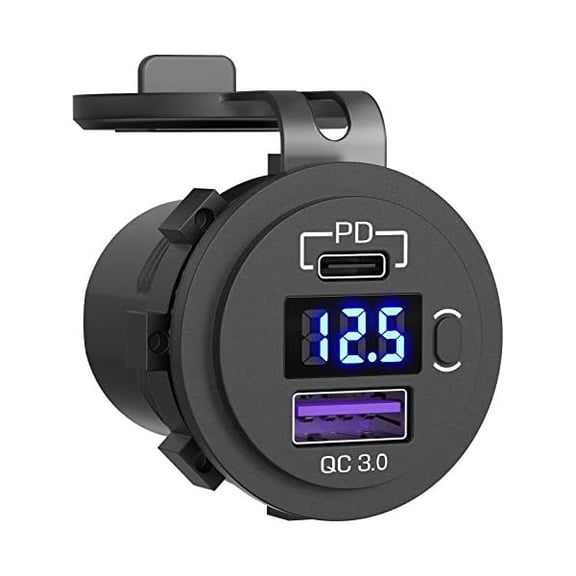 YJJSKEJI USB C Car Charger Socket, 12V/24V Dual USB Outlet PD3.0 & QC3.0 Car USB Port with LED Voltmeter and ON/Off Switch DIY Car Socket for Car Boat Marine Bus Truck Golf RV Motorcycle