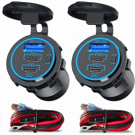 YJJSKEJI USB C Car Charger Socket 12V USB Outlet 2 Pack,78W RV USB Outlet Dual 30W PD USB-C and 18W QC3.0 Car USB Port with Button Switch Waterproof for Car RV Boat Marine Truck Motorcycle ect