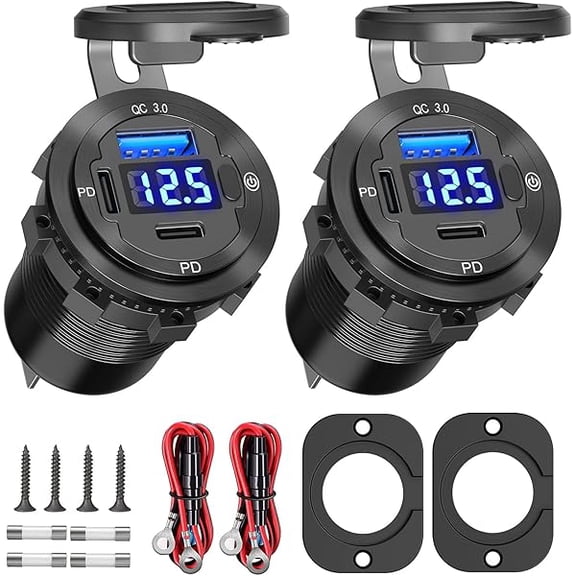YJJSKEJI USB C Car Charger Socket 12V USB Outlet 2 Pack: Aluminum Metal 78W Dual PD 30W and 18W QC3.0 Port Multi Charger Outlet with LED Voltmeter Power Switch for RV Motorcycle Boat Marine