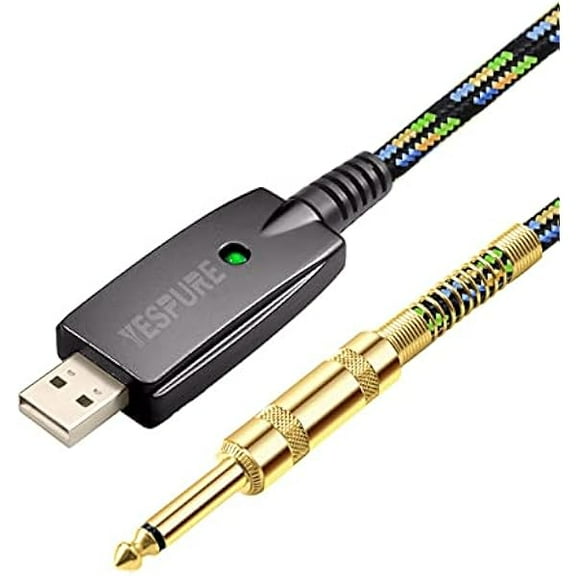 YJJSKEJI USB Guitar Cable 10Ft,USB Guitar Interface Male to 6.35mm 1/4 inch Gold-Plated TS Mono Plug,Nylon Braid Recording Cable Compatible with Windows Mac OS for Guitar,Bass,Microphones,and More