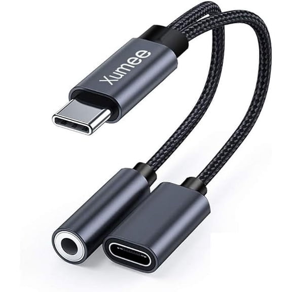 YJJSKEJI USB Type C to 3.5mm Headphone and Charger Adapter, 2-in-1 USB C to Aux Audio Jack Hi-Res DAC and Fast Charging Dongle Cable Compatible with iPhone 16/15 Pro Max,Galaxy S25 S24 Ultra (Grey)