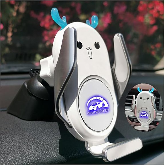 YJJSKEJI Universal Wireless Car Charger Mount, Auto-Clamping 15W Rechargeable, Air Vent Dashboard, for iPhone Samsung Andriod Phone,Cute Deer Design on Dashboard and Air Vent