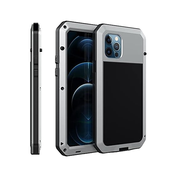 YJJSKEJI for iPhone 12 Case, 360 Full Body Protective Cover Heavy Duty Shockproof Tough Armour Aluminum Metal Case with Silicone Built-in Screen Protector for Apple iPhone 12 Pro 6.1 Inch (Silver)