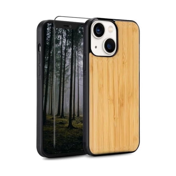 YJJSKKEJI Wood Case for iPhone 13 - Real Natural Wood,- Slim Shockproof Hybrid Wooden Cover for iPhone 13 (Bamboo)