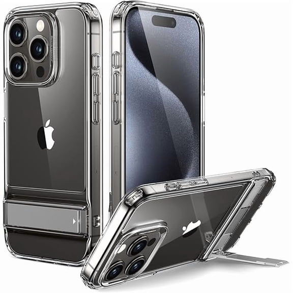 YJJSKEJI for iPhone 15 Pro Max Case, Metal Kickstand Case, 3 Stand Modes, Military-Grade Drop Protection, Supports Wireless Charging, Slim Back Cover with Patented Kickstand, Boost Series, Clear