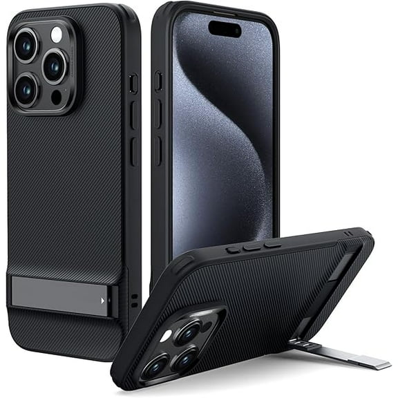 YJJSKEJI for iPhone 15 Pro Max Case, Metal Kickstand Case, 3 Stand Modes, Military-Grade Drop Protection, Supports Wireless Charging, Slim Back Cover with Patented Kickstand, Boost Series, Black