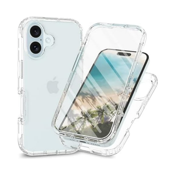 YJJSKEJI for iPhone 16 Case 6.1-Inch, iPhone 16 5G Phone Case with Built-in Screen Protector Clear Slim Back Cover Shockproof Rugged Heavy Duty Bumper Full Body Protective Case, Clear