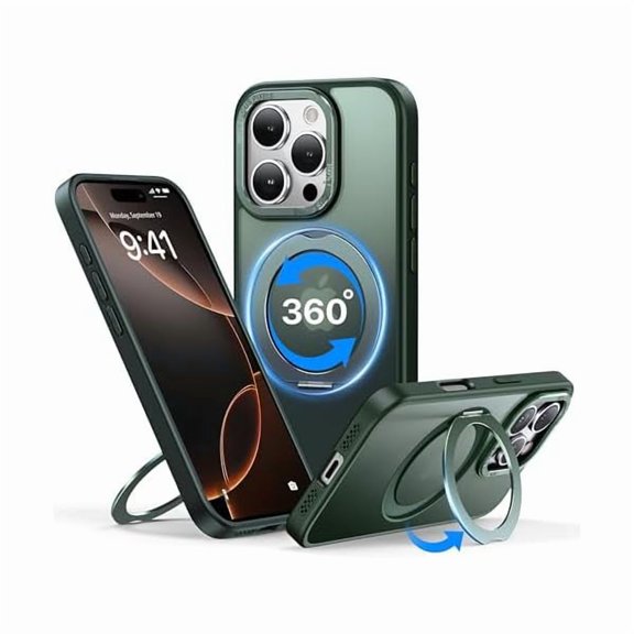 YJJSKEJI for iPhone 16 Pro Case, 360 Rotatable Ring Stand, Raised Camera Frame, Shockproof Case Compatible with MagSafe, Case for iPhone 16 Pro, Translucent Green