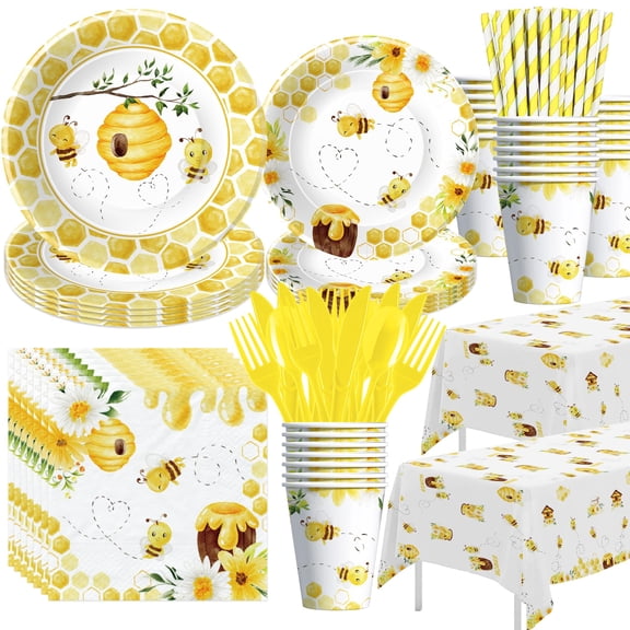 YJRJSC Bee Baby Shower Decorations Tableware - Bee Birthday Party Supplies, Paper Plate, Cup, Napkin, Tablecloth, Cutlery, Straw, Bumble Theme Day Party Decorations Dinnerware | Serves 24 Y101