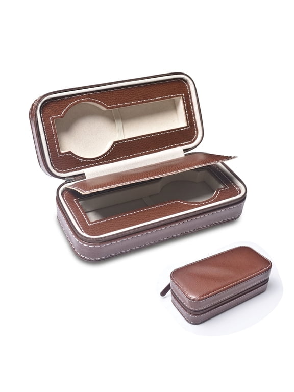 2-Slot Brown PU Leather Watch Travel Case with Zipper