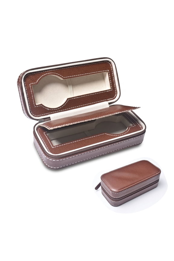2 Slot Watch Travel Case, Portable Brown PU Leather Watch Organizer Box with Zipper, Compact Watch Storage Case for Men and Women