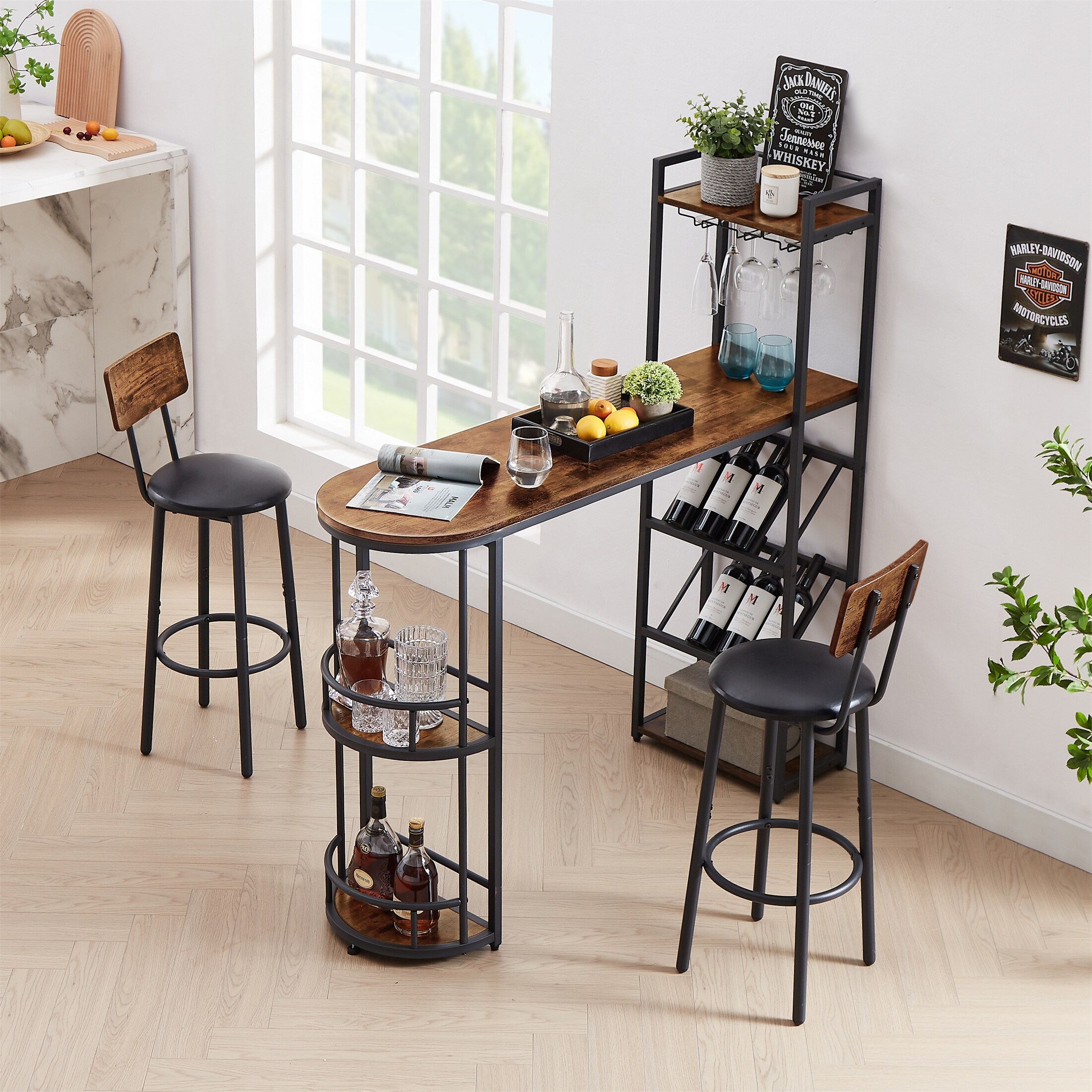 YJTONWIN Bar Table And 2 Stool Set With Bottle&Holder And Side