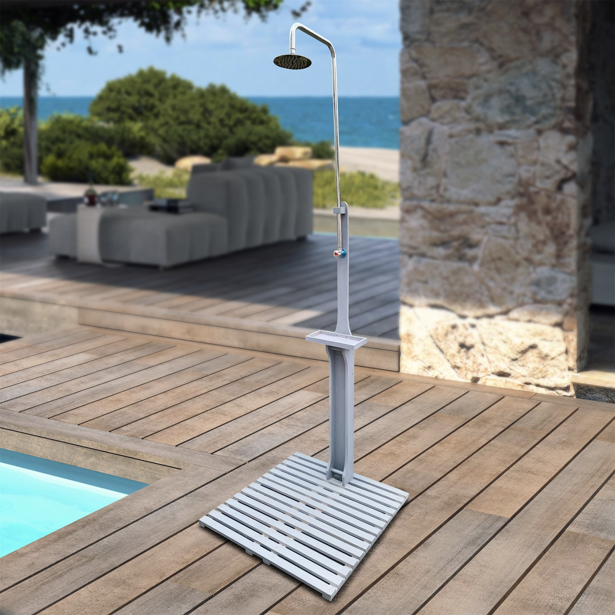 Gray Fir Wood Outdoor Garden Pool Shower with Storage Shelf
