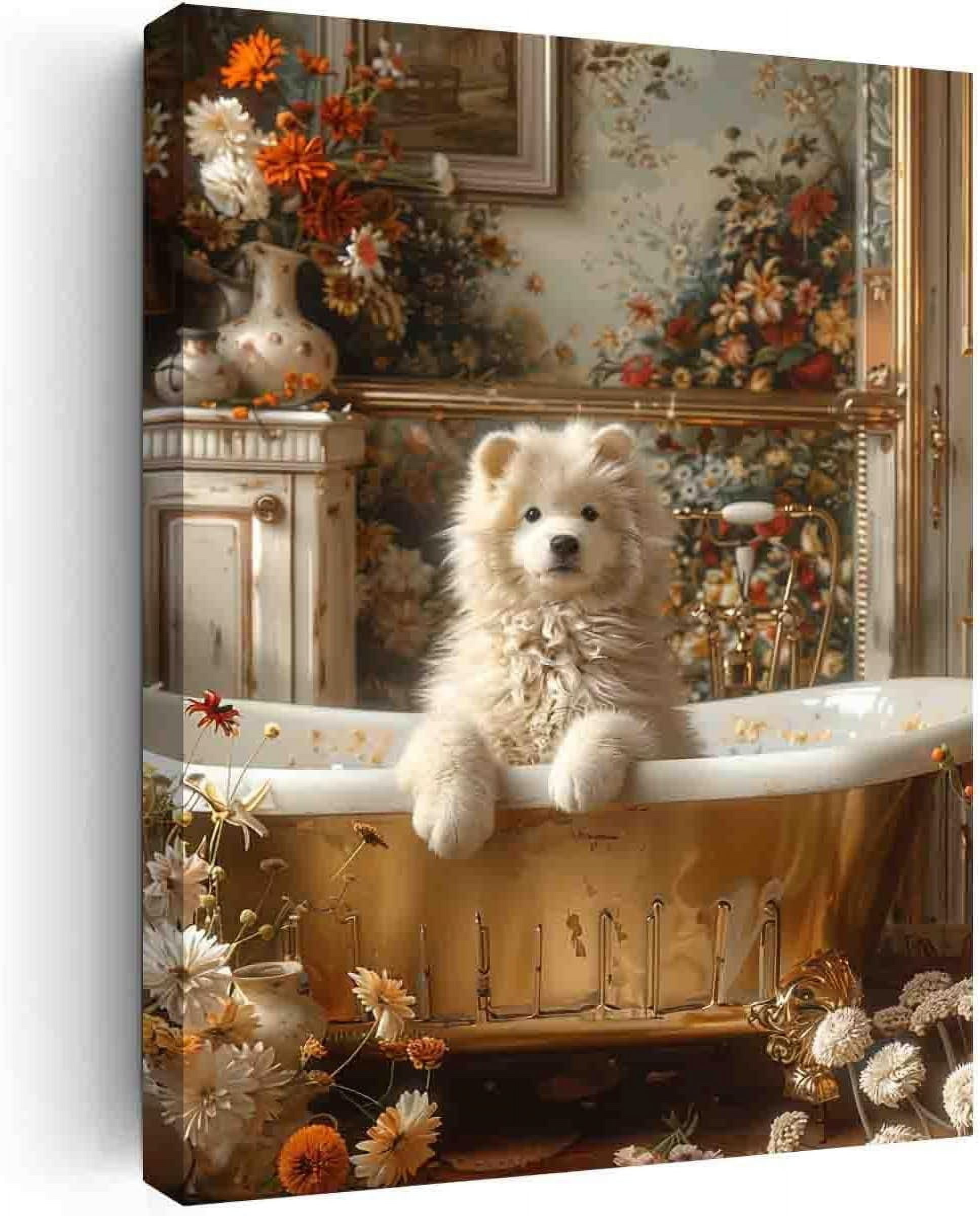 YJXTXDE Samoyed in Bathtub,Bathroom Wall Art,Animal Bathroom Art ...